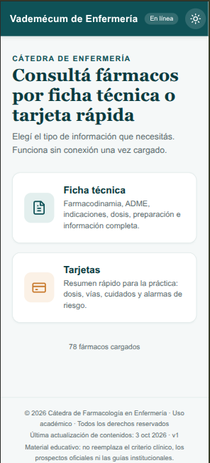 Página principal del Vademécum farmacológico para Enfermería